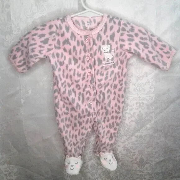 Carter's Girls 3M Footed Fleece Animal Print Sleeper Daddy'sGirl Pink Grey Kitty
