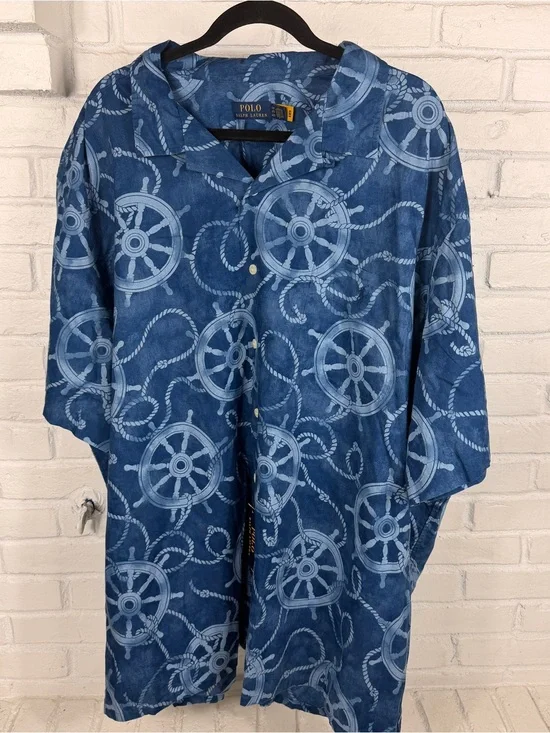 Polo Ralph Lauren Nautical Ship Wheel Linen‎ Blend Camp Shirt 4X Big
