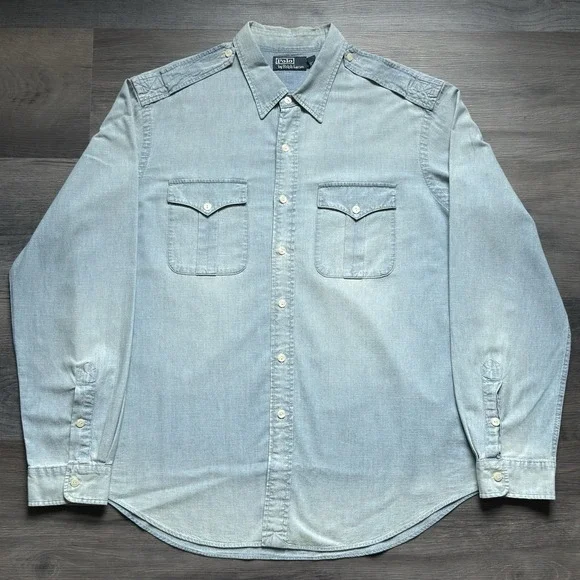 Vintage Polo Ralph Lauren Chambray Denim Work Shirt Mens 2XL Front Pockets