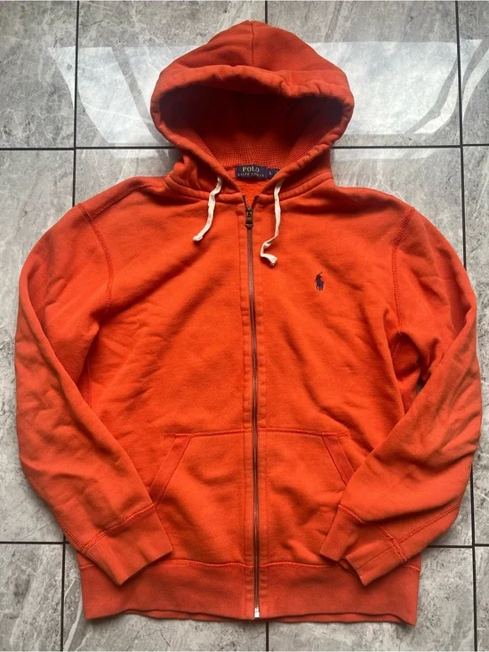 Polo Ralph Lauren Full Zip Hoodie Orange Mens Embroidered Hooded Sweatshirt L