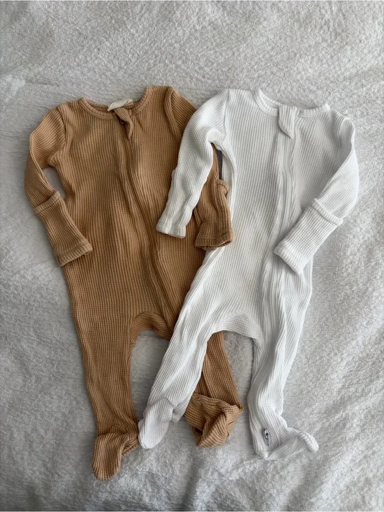 Waffle Zip-Front One-Piece in White and Tan