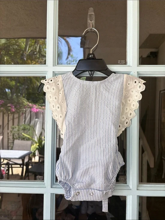 Blue & White Striped Baby Romper with Eyelet Ruffle Sleeves