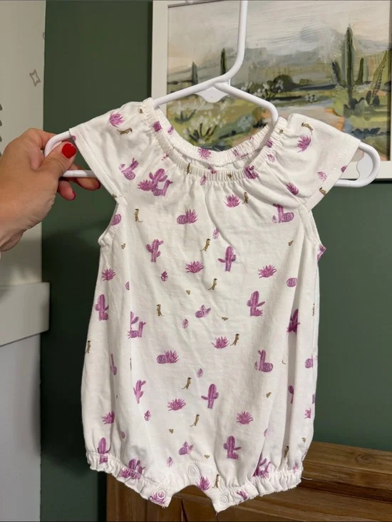 Burt’s Bees Newborn White Baby Romper with Purple Cactus Print 🌵💜
