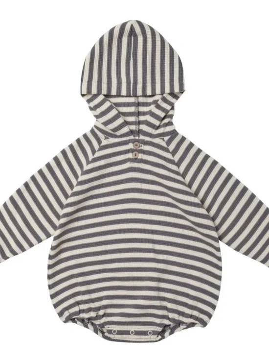 QUINCY MAE waffle hoded bubble romper Navy Stripes