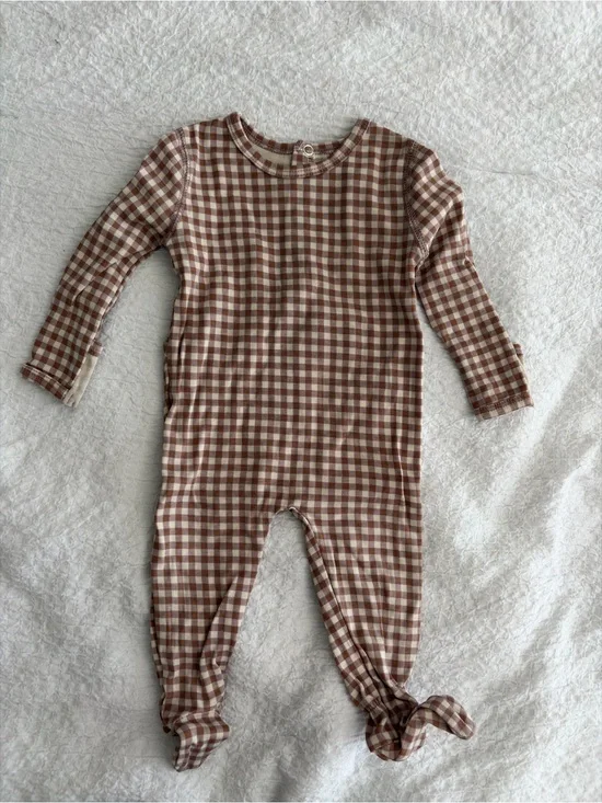 Neutral Brown Gingham Footed One-Piece