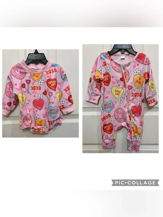 2 Infant Valentine Theme 1 Piece 0-3 Month Sleepers.          3637