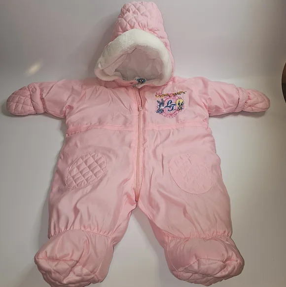 Baby Looney Tunes Snowsuit Pram Pink Quilted One-Piece Infant Y2K 3 Months
