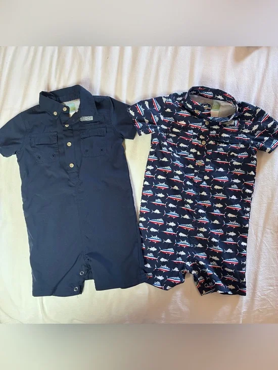 Ocean+Coast Toddler Boys Fishing Romper Lot Size 24M Matching Twins 2pc Set