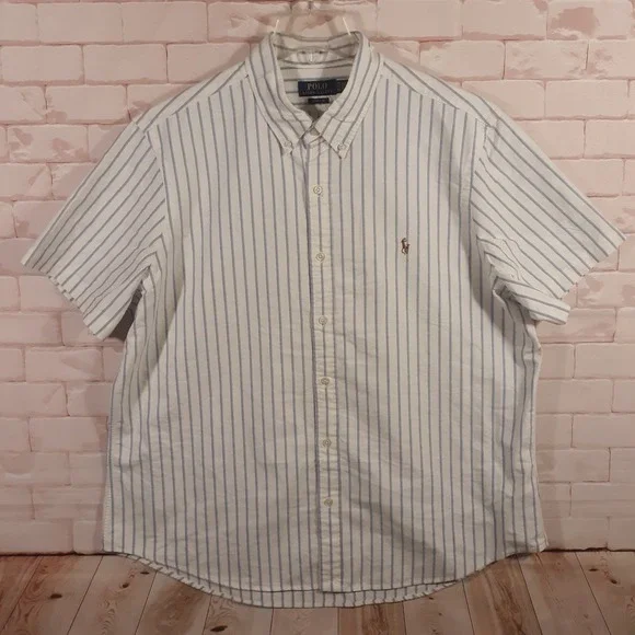 Polo Ralph Lauren Shirt Mens 2XL Classic Fit Cotton White Striped Short Sleeve