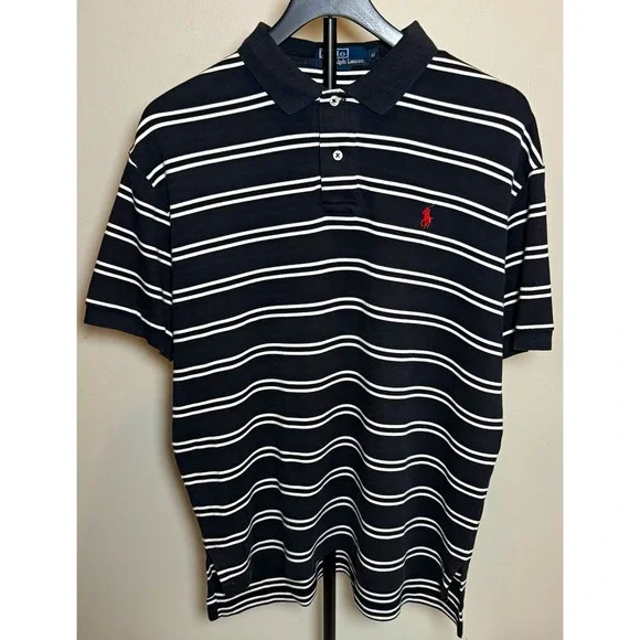 Polo Ralph Lauren Black/White Striped Polo Shirt Men's M Short Sleeve Cotton