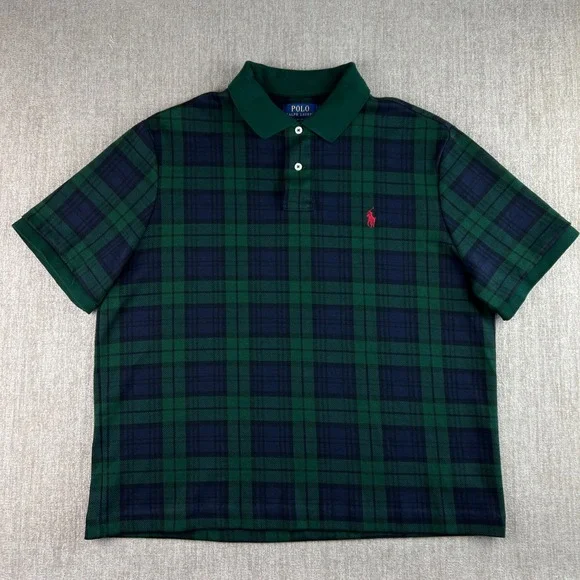 Polo Ralph Lauren Polo Shirt Mens Large Green Navy Plaid Tartan Cropped Preppy