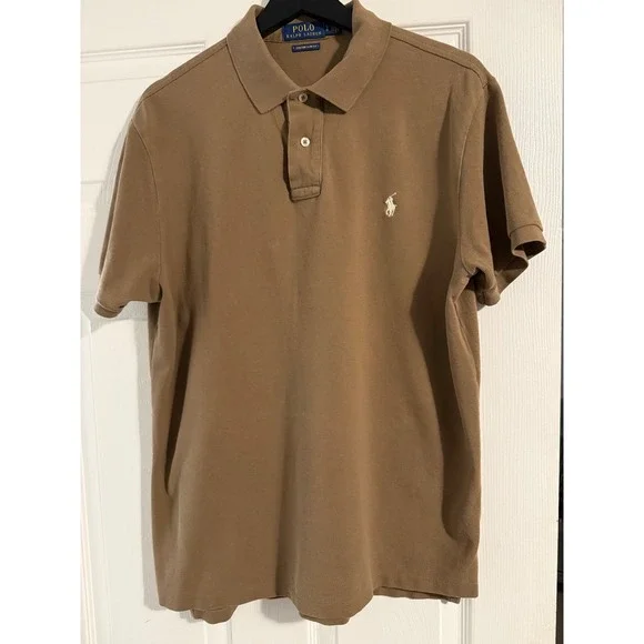Polo Ralph Lauren Mens Custom Slim Fit Polo Shirt Tan Brown Cotton Pique Large