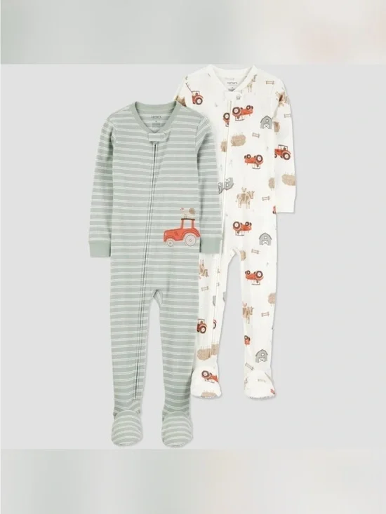 Carter's 2-Pack Zip Footed Pajamas - Sage Green Stripe & Cream Tractor Print