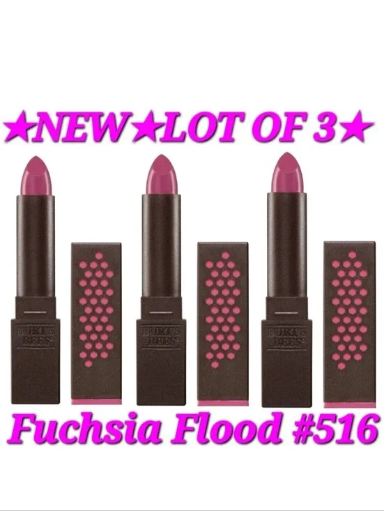 ☆NEW☆LOT OF 3☆Burt's Bees 100% Natural Satin Lipstick 512 Fuchsia Flood, 3 Tubes