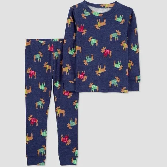 Carter’s Reindeer Christmas PJ Pajama Set Long Sleeve NEW Navy Blue 2T