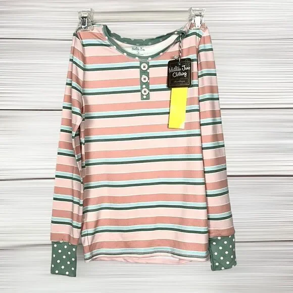 NWT Matilda Jane Cozy Soft Striped Polka Dot Pajamas Top Long Sleeve size 14