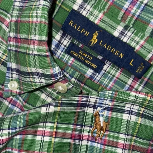Polo Ralph Lauren Long Sleeve Stretch Oxford Shirt Men's Large Slim Green Plaid