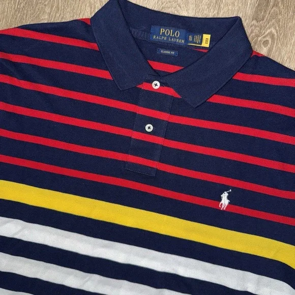 Polo Ralph Lauren Pique Cotton Short Sleeve Polo Men's XL Red Navy White Striped