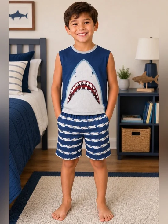 THE CHILDREN’S PLACE Shark Graphic Kids Sleeveless Shorts PJs Pajama Set Sz 7/8
