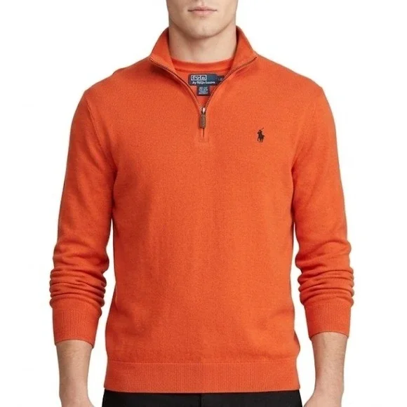 Polo Ralph Lauren Pullover Mens Large Orange Quarter Zip Cotton Pony Logo 6249