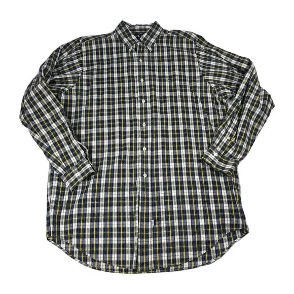 VTG POLO RALPH LAUREN Men L Plaid SEERSUCKER Button-Up‎ Shirt GREEN PONY Golf