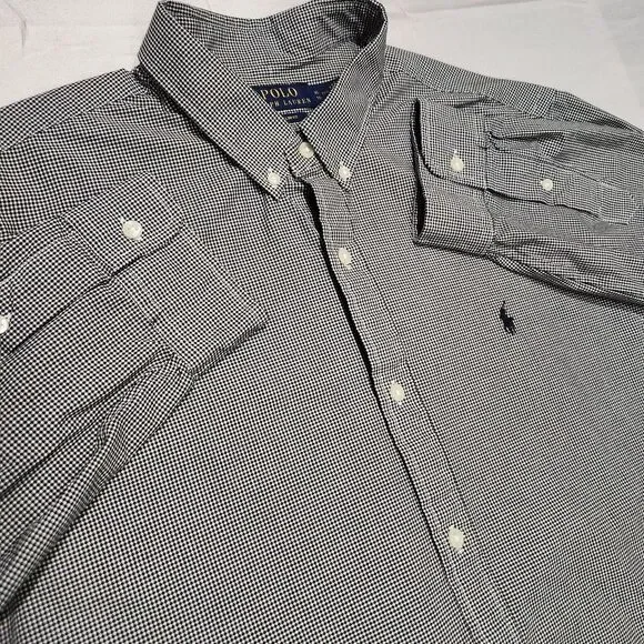 Ralph Lauren Shirt Men XL 17.5 Slim Fit Poplin Stretch Micro Gingham Check Black