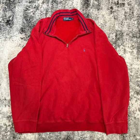 Polo Ralph Lauren Mens XXL Red Quarter Zip Sweatshirt Striped Collar Blue Pony‎