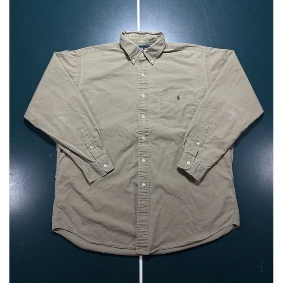 Vintage Polo Ralph Lauren Blake Shirt Men's Large Beige Cotton Button Down 90s