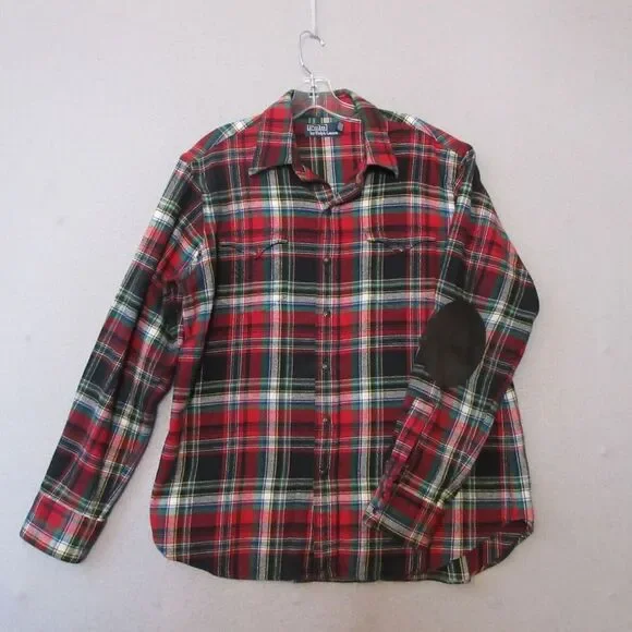 Polo by Ralph Lauren Shirt Men Large‎ Plaid Flannel Snap Button Elbow Patch READ