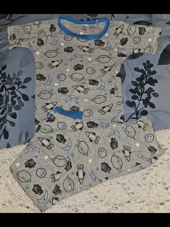 Gerber Gray Kids Pajama Set with Blue & Green Space Print