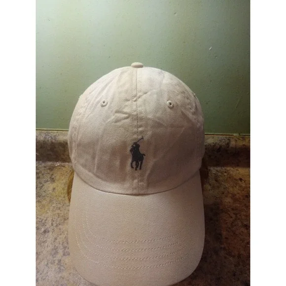 Polo Ralph Lauren Tan Chino Cotton Baseball Cap Navy Pony Logo Adjustable Hat
