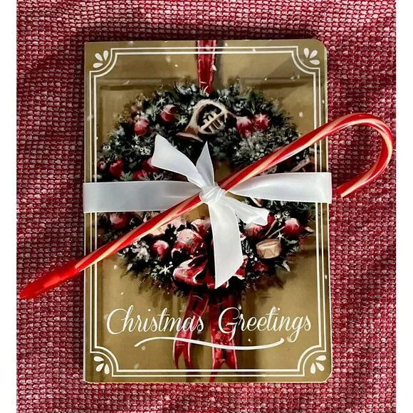 Vintage Christmas Greetings Holiday Journal Notebook Stationary Candy‎ Cane Pen