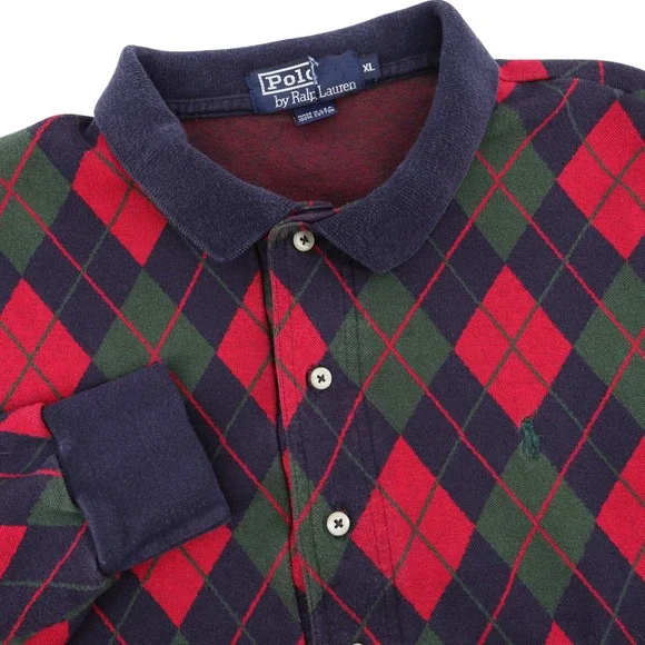 Vintage 80s Polo Ralph Laure Argyle Rugby Shirt‎ USA Made Long Sleeve Mens XL