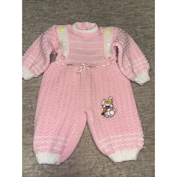 Vintage Robin Knit Wear Baby Romper | Pink Popcorn Knit | Bunny Appliqué 0-6 Mon