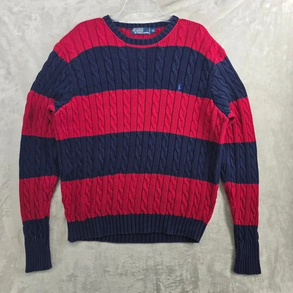 Polo‎ Ralph Lauren Mens Red Navy Stripe Cable Knit Sweater XL Cotton