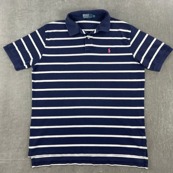 Polo Ralph Lauren Mens XL Navy Blue Striped Short Sleeve Polo Pink Pony Logo