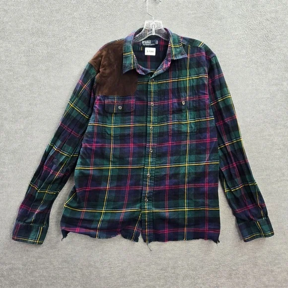 VINTAGE Polo Ralph Lauren Men Button Up Shirt XL Blue Plaid‎ Flannel Faux Suede