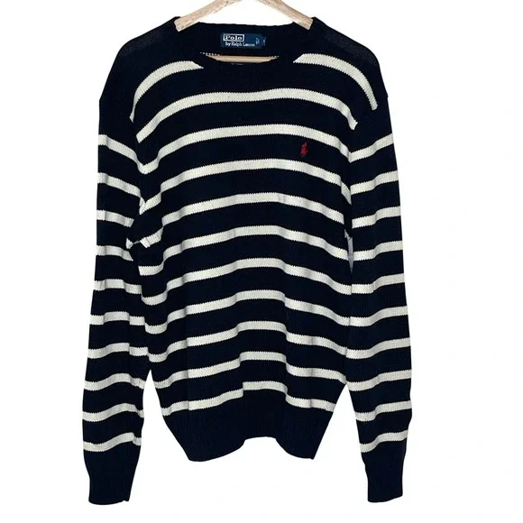 Polo Ralph Lauren Mens XL Striped Cotton Knit Crewneck Sweater‎  Black White