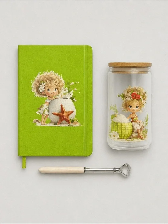 Cute Green Linen Notebook with Illustrated Girl