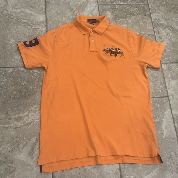 Polo Ralph Lauren Mens Large Orange Classic Fit Multi Horse Polo Shirt Navy 3