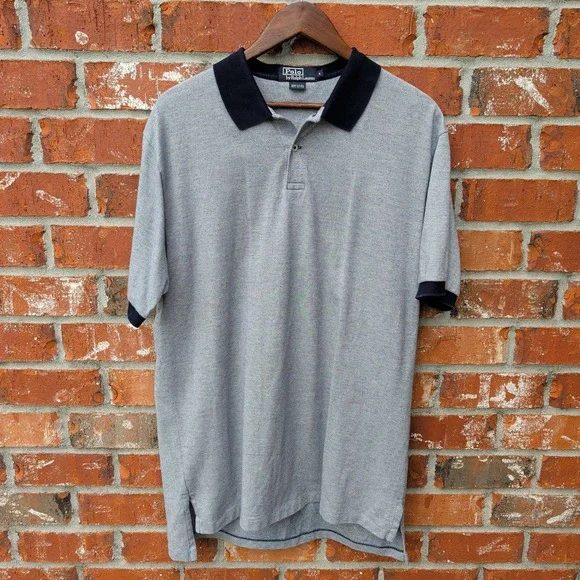 Polo Ralph Lauren Polo Shirt Mens Large Grey Navy Blue Micro Pattern Cotton