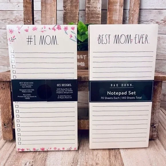 NWT Rae Dunn #1 MOM / BEST MOM EVER Yellow  pink 2 Pieces 140 Sheets Notepad Set