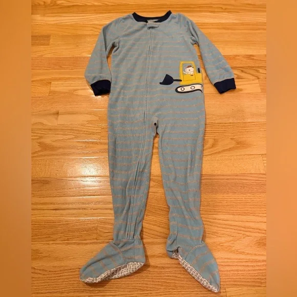 Carter's Blue and Gray Striped Footie with Excavator
