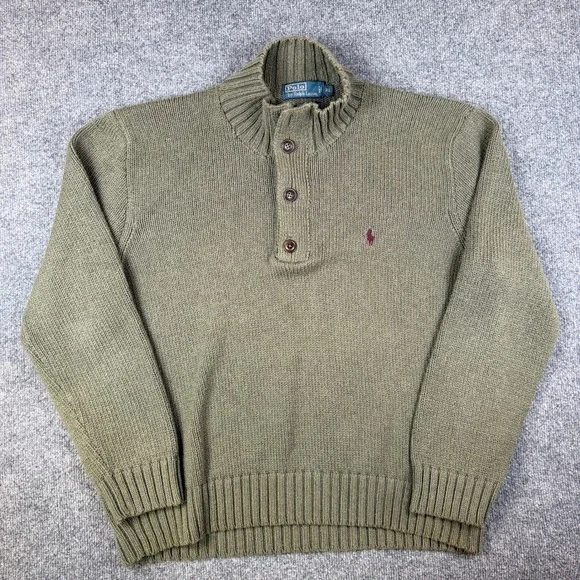 Vintage Polo Ralph Lauren Sweater Mens XL Green 1/4 Zip 4 Button Military Pony