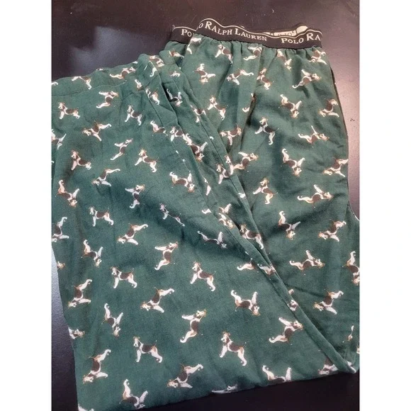 Polo Ralph Lauren Mens Pajama Pants Green Dog Print Cotton Sleepwear Large L