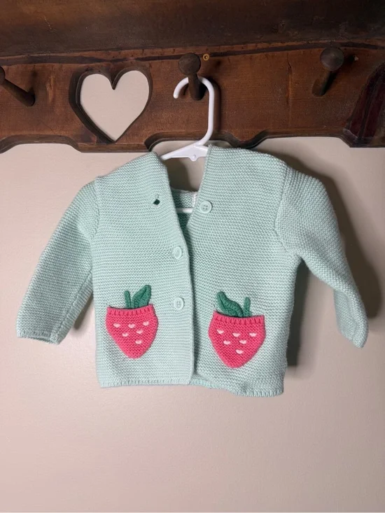 Baby GAP Strawberry Cardigan Sweater Mint Green 3-6 Months 100% Cotton