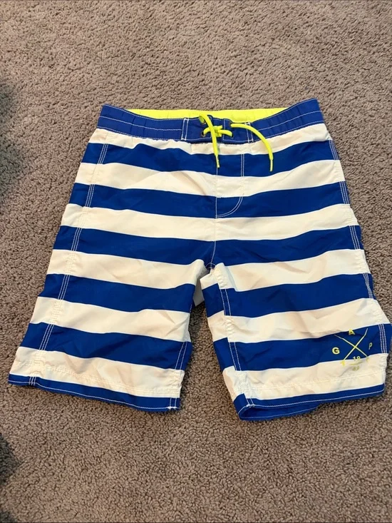 GAP Boys Blue and White Stripe Swim Trunks with Neon Yellow Drawstring