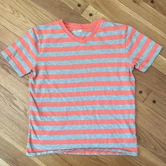 GAP Kids Boy L 10 Orange Grey Stripe Short Sleeve V-Neck T-Shirt