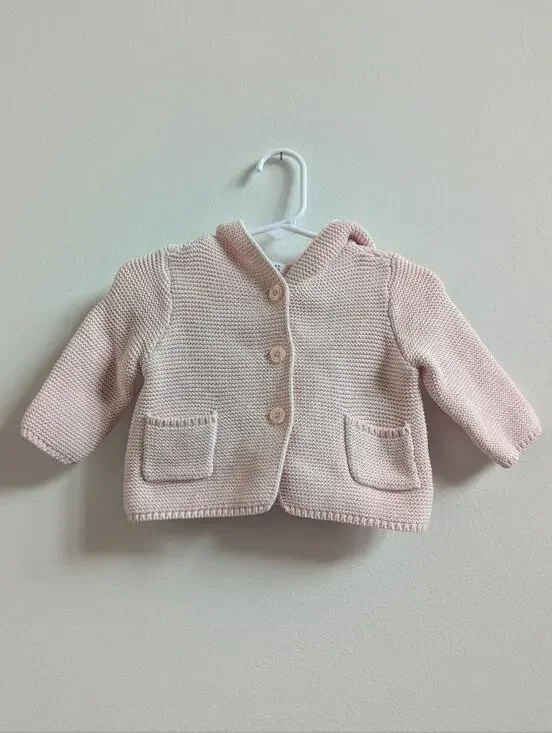 Baby Gap Sweater 3-6m Pink Knitted Hoodie Cardigan Bear Ears