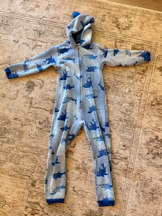 Youth Shark Print Kids footless Hooded Fleece pajamas